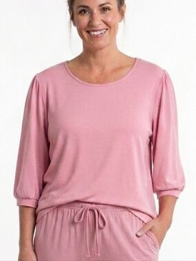 New MUK LUKS Cloud Knit Puff Sleeve Pajama Sleep Top Pink Womens Plus Size 2X